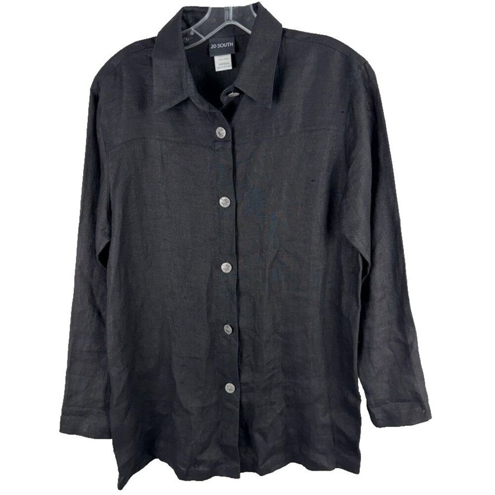 20 South Women Medium Linen Black Button Front Long Sleeve Minimalist Lagenlook